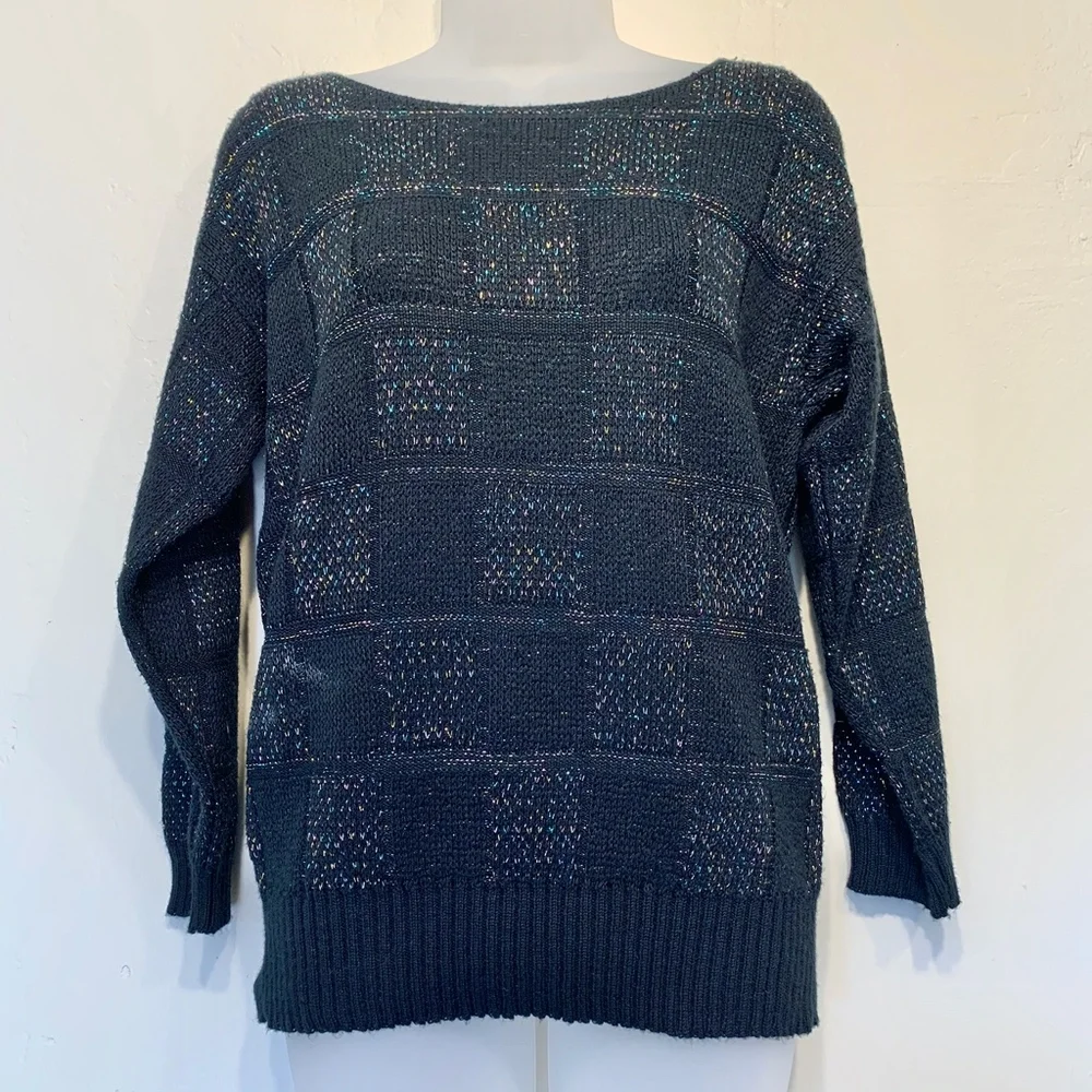 Keneth Too | VTG Jewel Tone Tinsel Check Knit Pattern Crewneck Sweater Top - Picture 3 of 10